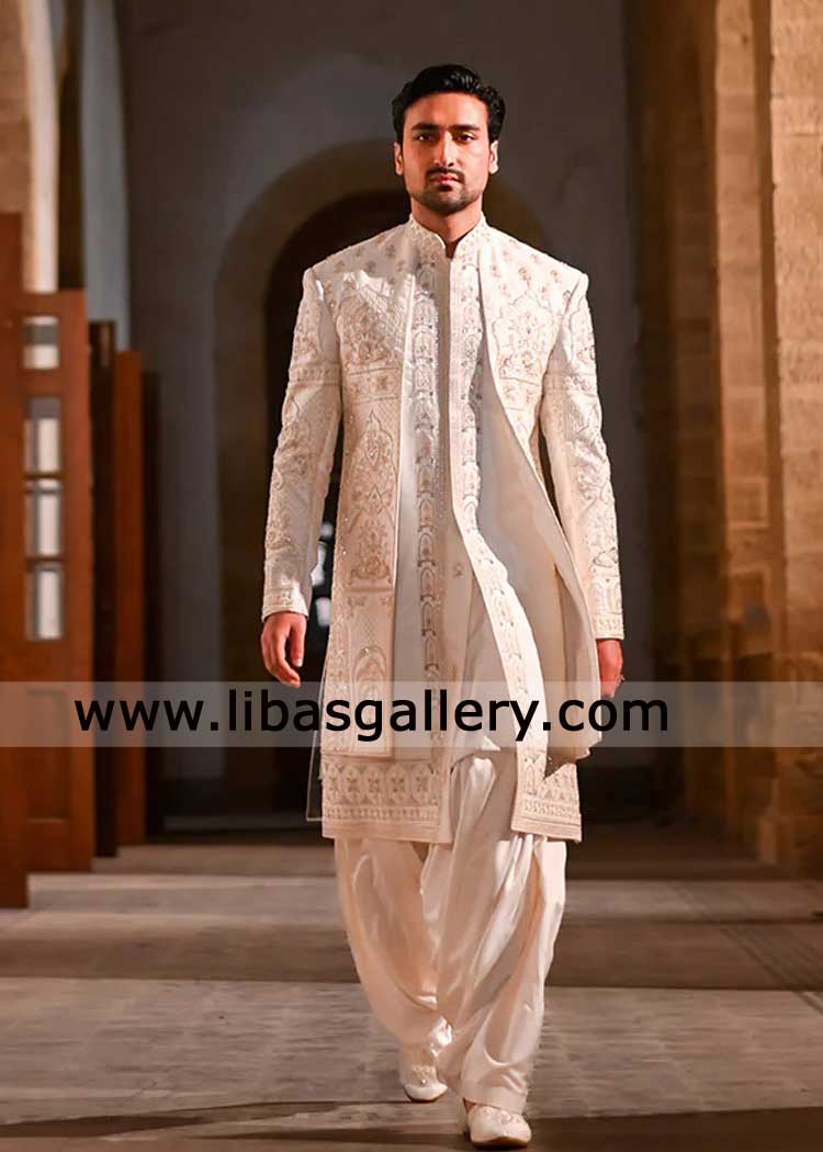 Wedding Sherwani Groom Off white embroidered with cut dana Zardozi work paired flared shalwar matching shoes Austin California Florida Dubai USA