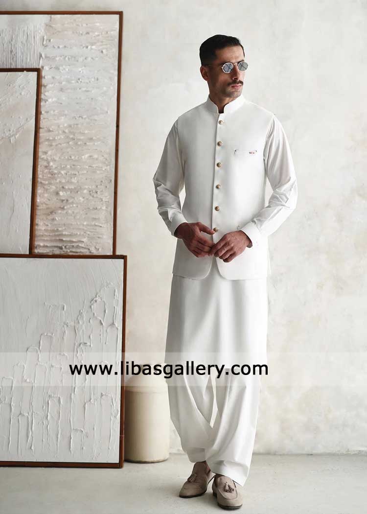 latest Pakistani Waistcoat Classic in off white with kurta shalwar | Waistcoat
