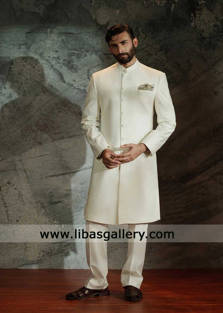 off white premium suiting sherwani in Quaid Style for Nikah | Wedding Wear off white premium suiting sherwani in Quaid Style for Nikah | Wedding Wear