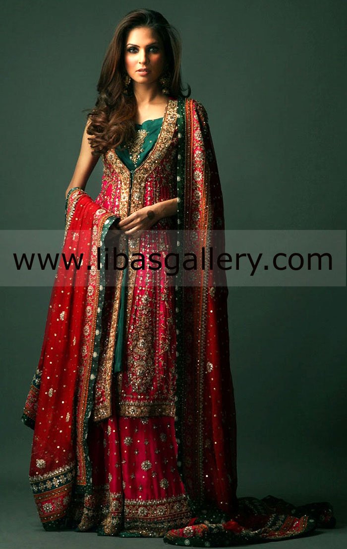 pink and red hand embellished silver gold work front open panel bridal shirt U shape modest deep neck covered by camisole london new york toronto dubai jeddah pink and red hand embellished silver gold work front open panel bridal shirt U shape modest deep neck covered by camisole london new york toronto dubai jeddah