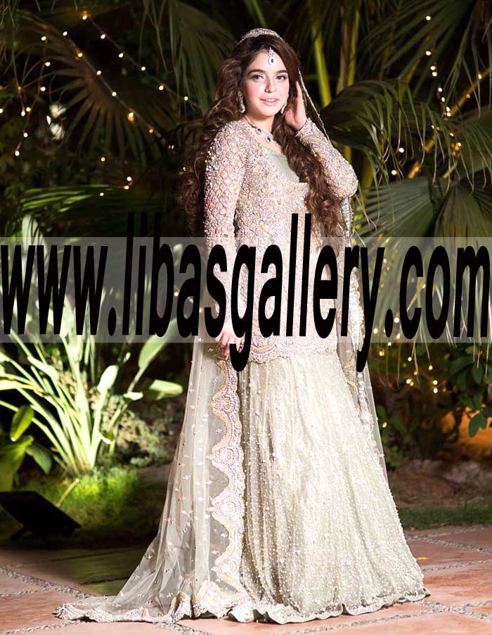 scallop style hand embellished dupatta with bridal shirt and lehenga for reception and walima uk usa canada kuwait