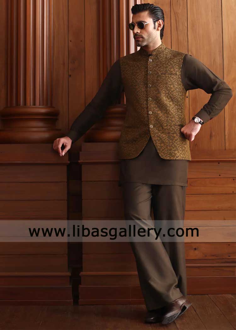 Waistcoat in Olive Antique Gold Embroidery for Groom Wedding and Occasions with Inner kurta and Flared Trousers Sheffield Bristol Nottingham UK