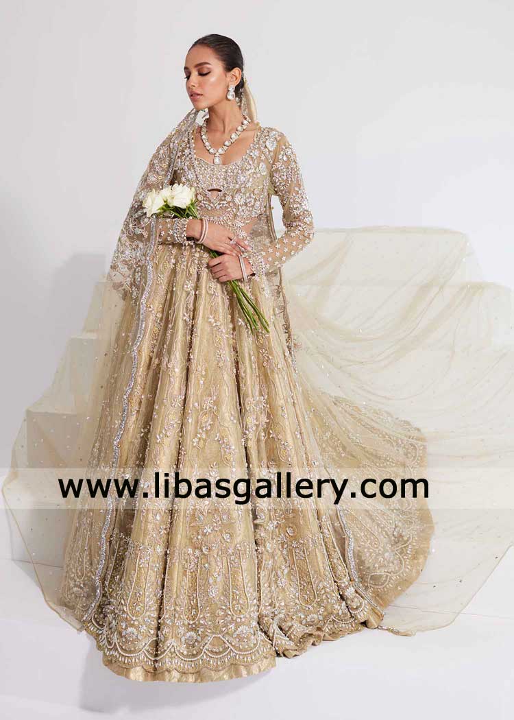 Olive Green Bridal Peshwas Popular choice for wedding Jacksonville USA wedding Peshwas and lehenga with glistening gold work UK