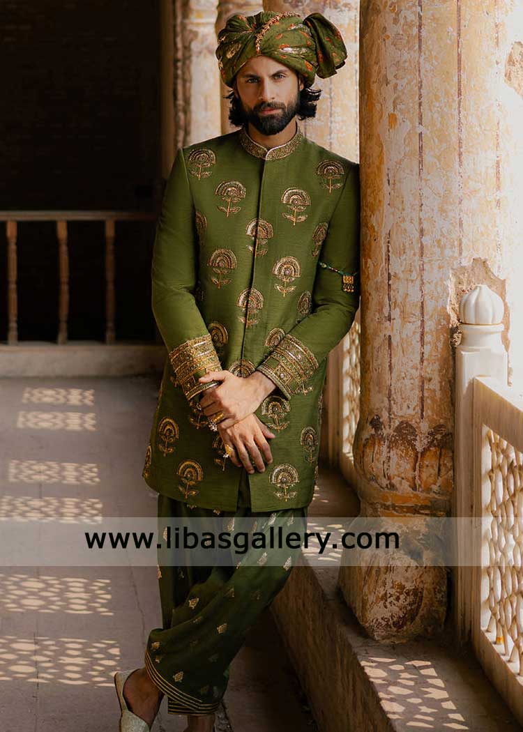 Olive Green Tansen Indo-Western Sherwani Set for Groom | Pakistani Sherwani Olive Green Tansen Indo-Western Sherwani Set for Groom | Pakistani Sherwani