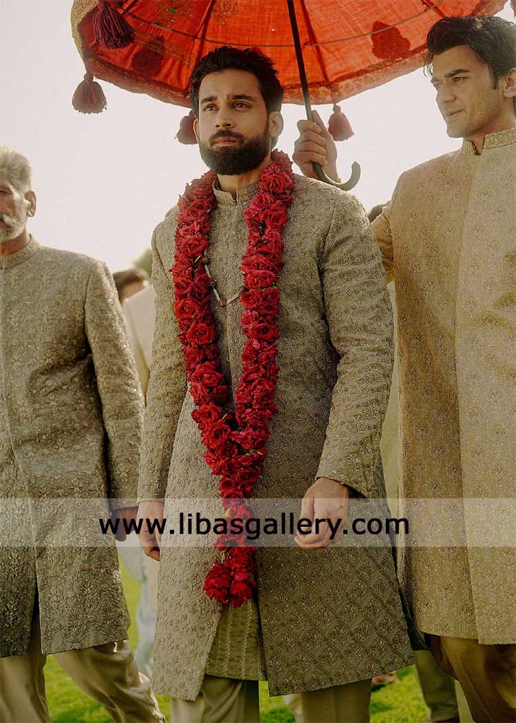 olive groom sherwani all-over contemporary motif design | Groom Wear