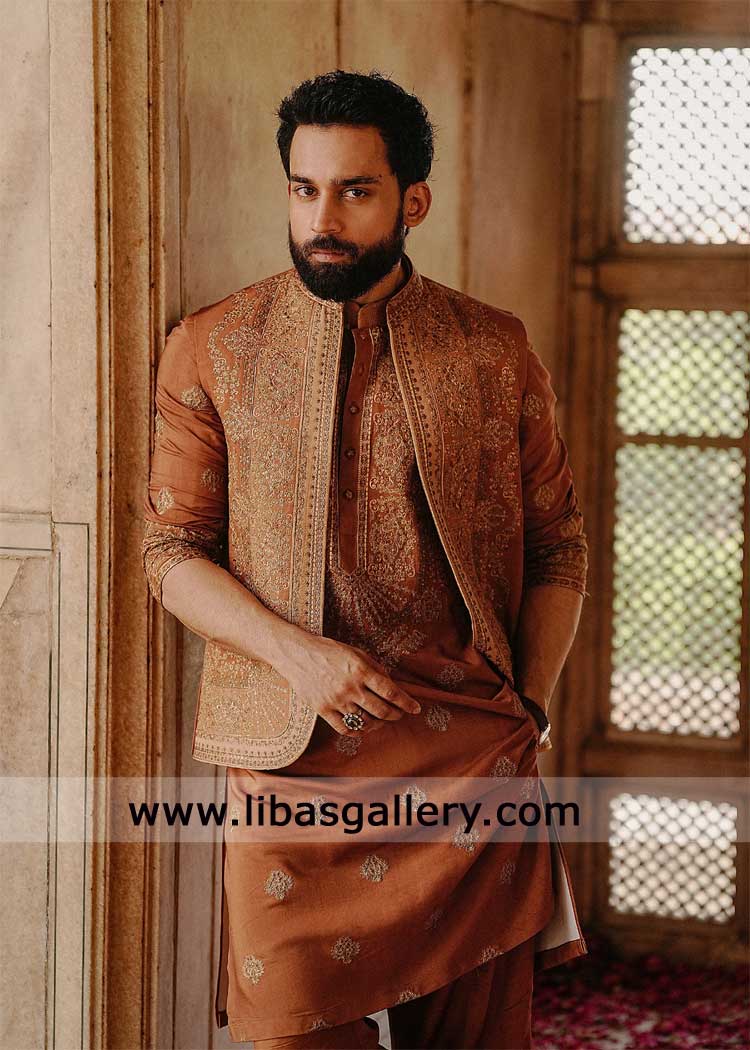 traditional design waistcoat orange with front patch borders round hem