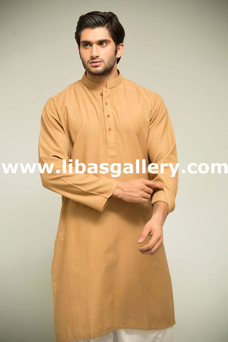khaki and gold color mens kurta with white shalwar best for jumma prayer and simple dawat uk usa canada