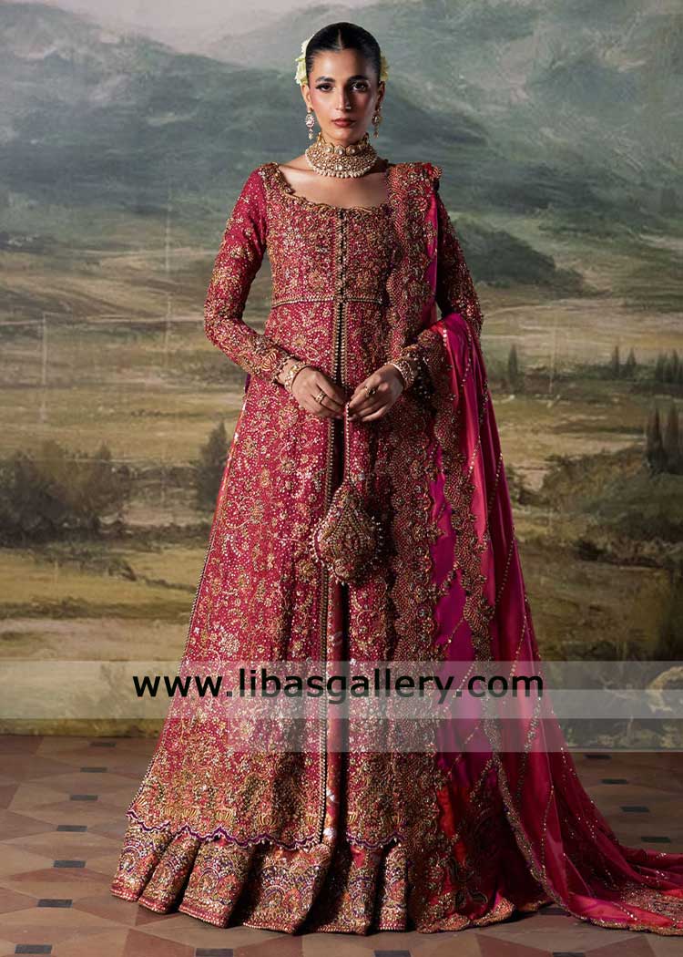 Pakistani pink bridal Shirt with Silver Gold Jamawar Lehenga | Nikah Wear Pakistani pink bridal Shirt with Silver Gold Jamawar Lehenga | Nikah Wear