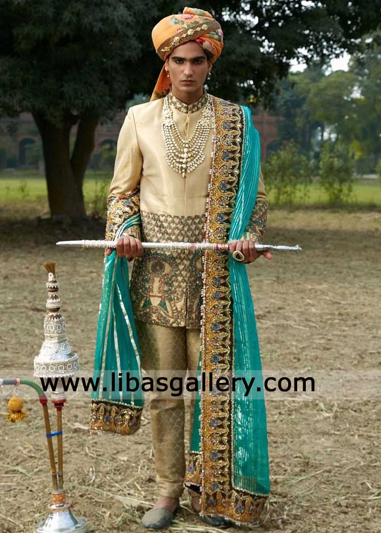 Papaya whip Heritage Wedding Sherwani Set for Groom Special Nikah day with Rajasthani turban and churidar Anchorage Jacksonville Florida USA