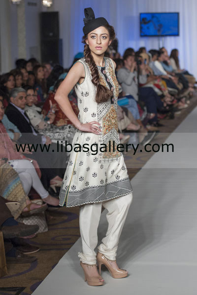 Pakistan Fashion Week London Designer Anarkali Salwar Kameez white sleeveless shirt with Churidar pajama  UK USA Canada