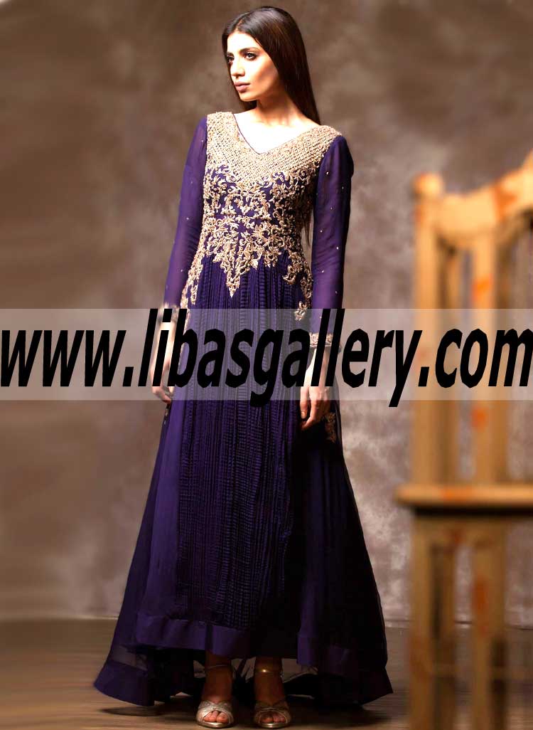 Indigo high low style anarkali shirt with crushed pure chiffon front panel gold silver mix hand work raw silk trouser germany uk usa dubai