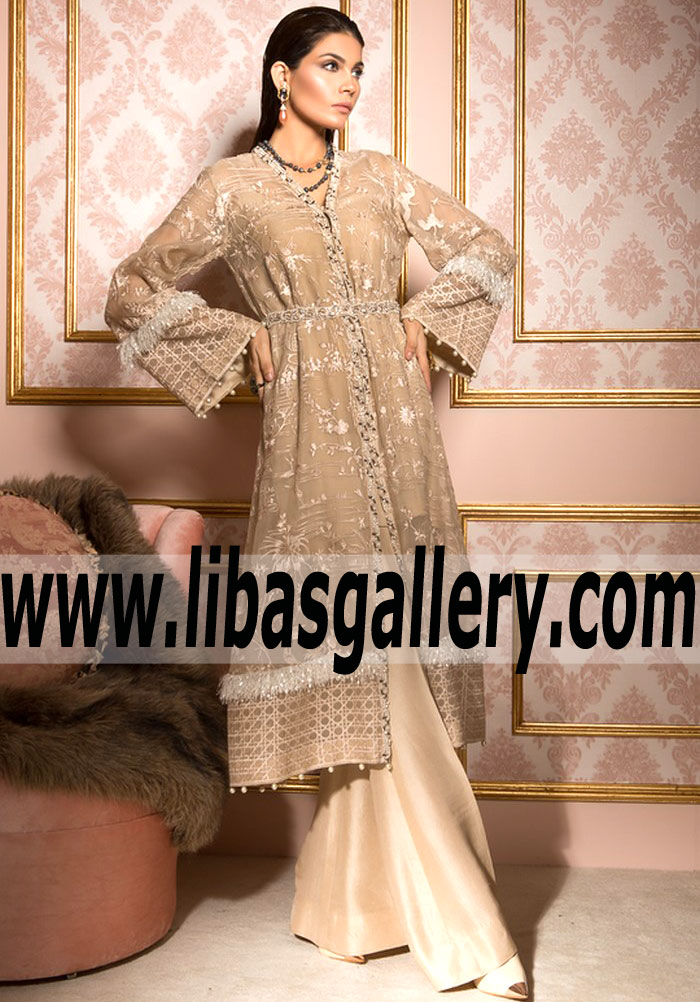 Pakistani Party Dresses Ontario, Canada Champagne Chinioserie Party Dress by Elan Pakistani Party Dresses Ontario, Canada Champagne Chinioserie Party Dress by Elan