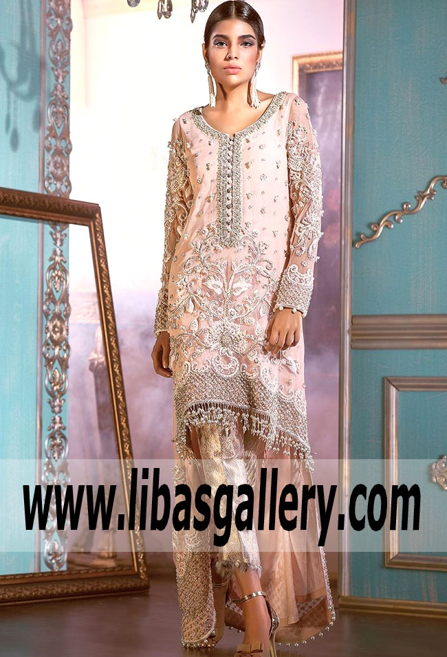 Pakistani Party Wear Gorgeous Peach Extreme High-Low Party Dress in California, New York, New Jersey