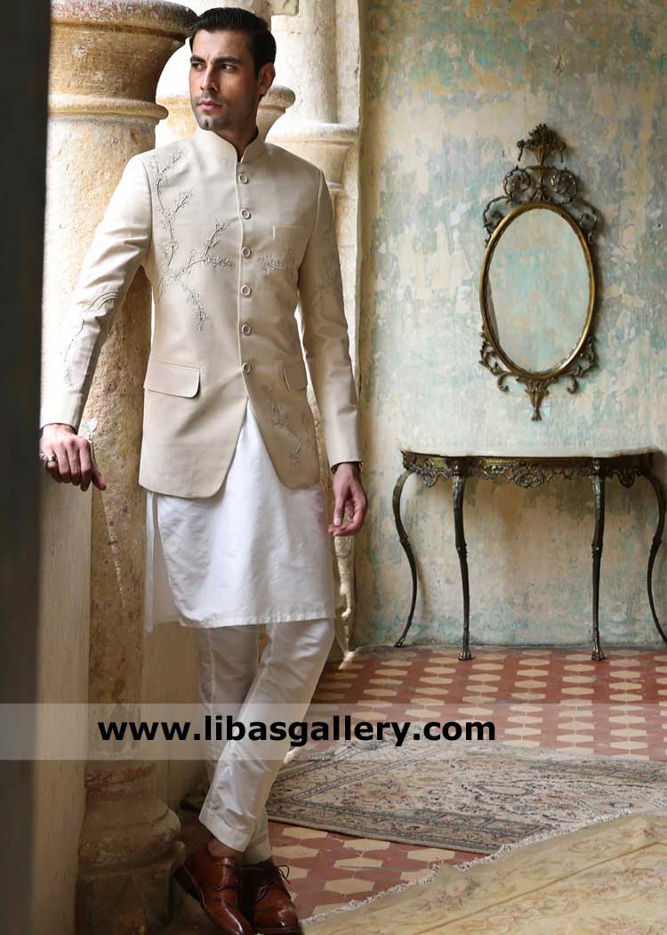 Beige Classic embroidered Groom prince coat, Wedding prince coat with thread embroidery and inner suit Germany France Australia Dubai UK