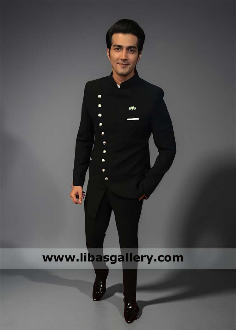 Black double breast prince coat with metal buttons, Angrakha style plain black prince jacket with pants Seattle Washington Virginia USA