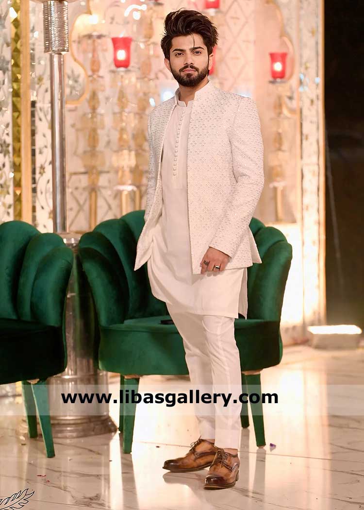 heavy embroidered white prince coat for groom occasion, white Men prince coat with white kurta pajama suit UK USA Canada Dubai Australia Norway
