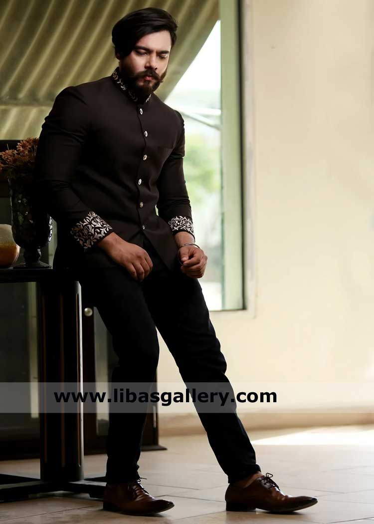 dark brown prince coat for men with embroidery on cuff and collar, brown prince suit for occasion France Germany UK USA Canada