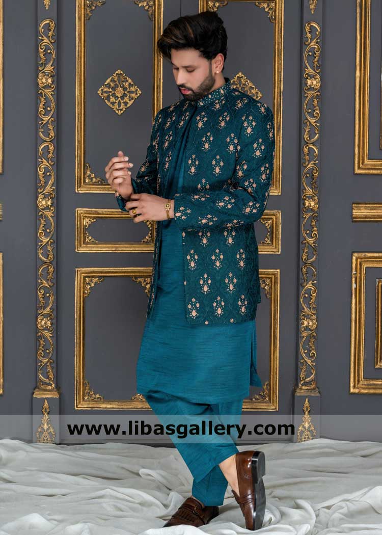 Prince coat teal premium embroidered, men embroidered prince coat, prince coat for weddings Qatar Saudi Arabia UK USA Canada
