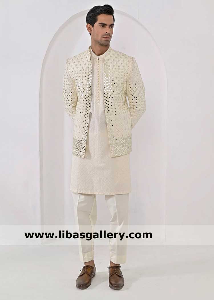 Mirror embroidered cream prince coat for men, prince coat for weddings, embroidered kurta pajama UK USA Canada Germany France