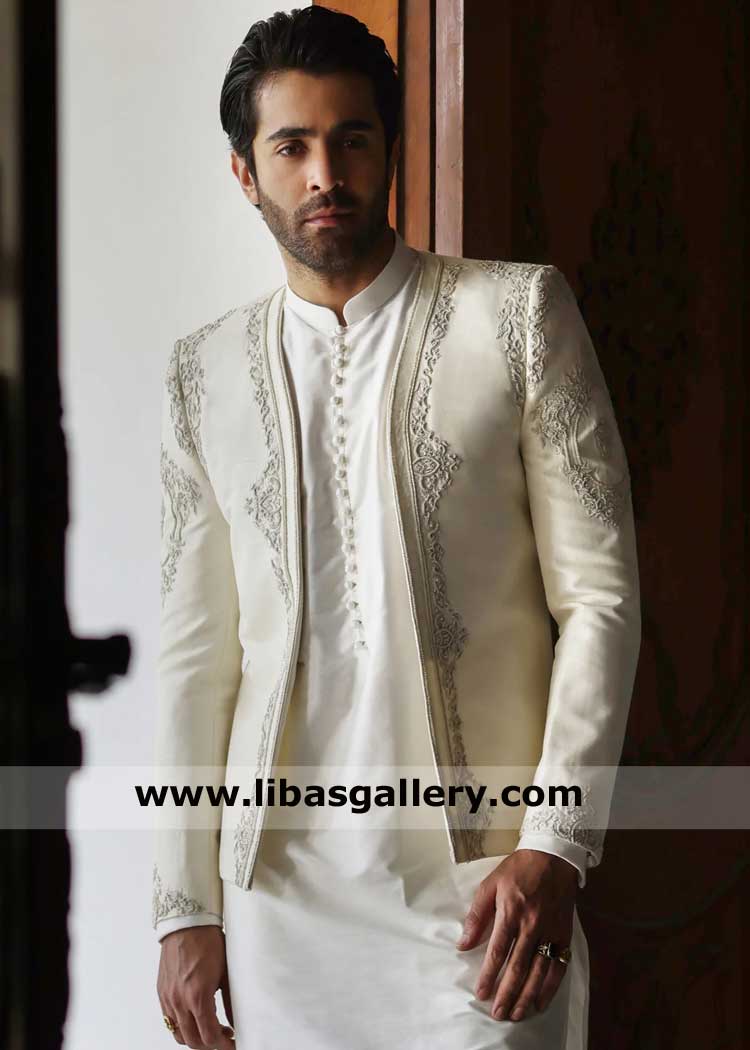 prince coat modern style off white, white wedding prince coat with inner, white prince coat UK USA Canada Dubai Australia