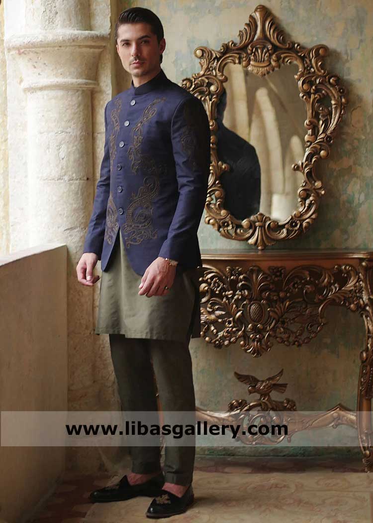 prince coat blue in raw silk with antique hand gold embroidery, blue prince jacket with copper hand embroidery Miami Florida London Bristol Dubai