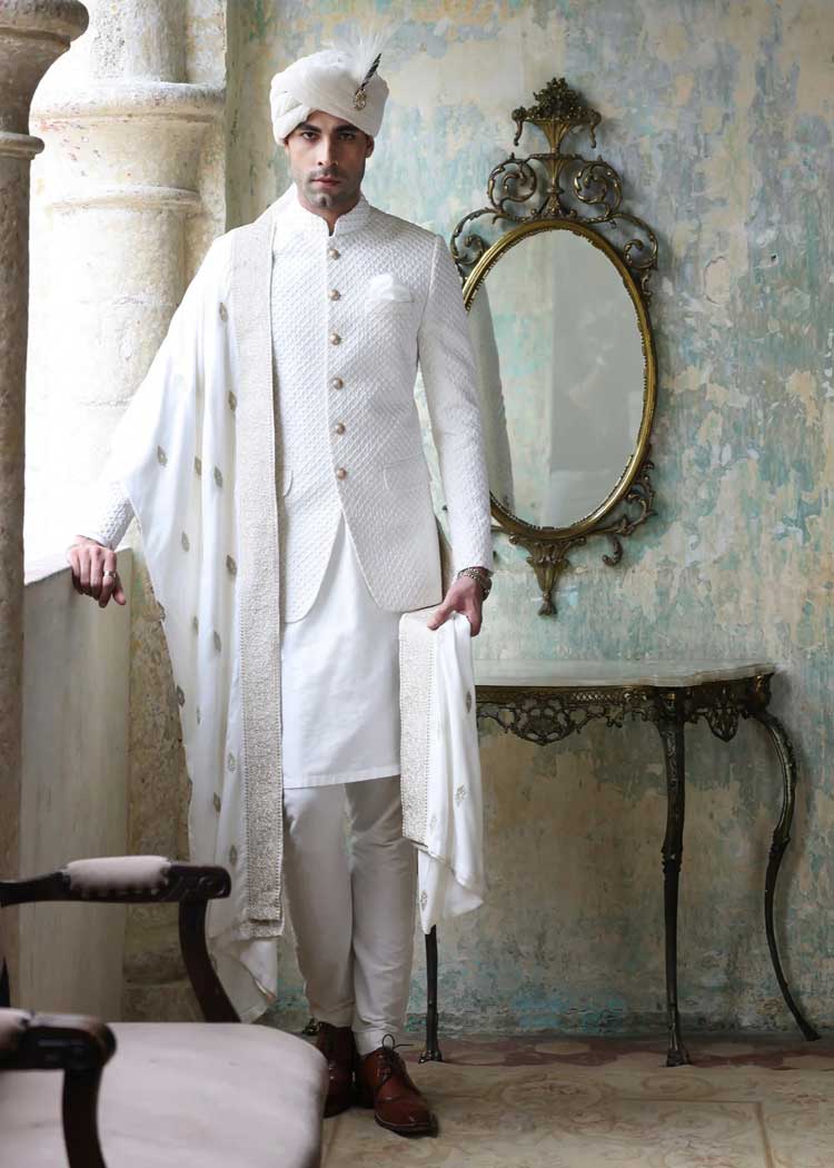 Prince coat off white embroidered for men, white check dots prince coat for weddings occasion Phoenix Columbus Cleveland USA