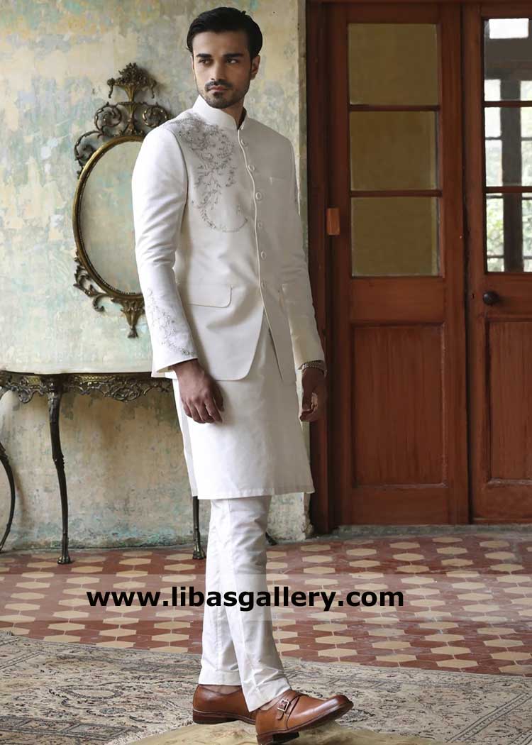 Prince coat hand work Ivory for groom, Pakistani prince coat with hand embellishment Perth Dubai Leicester Edinburgh Leeds UK
