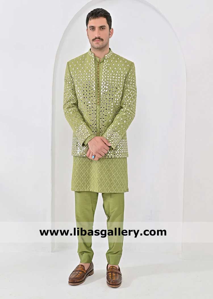 Prince Coat Pista green mirror work for groom mehndi event, Wedding prince coat mirror embroidered UK USA Canada Dubai Australia