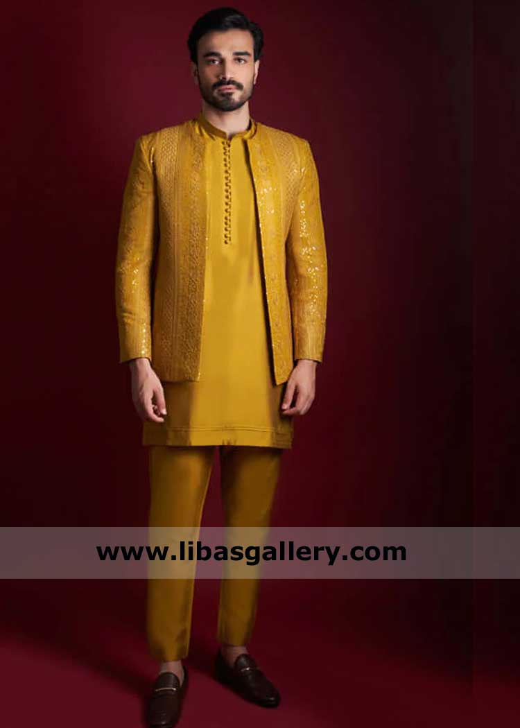 Groom mehndi event prince coat in mustard yellow,embroidered men yellow prince coat for wedding 