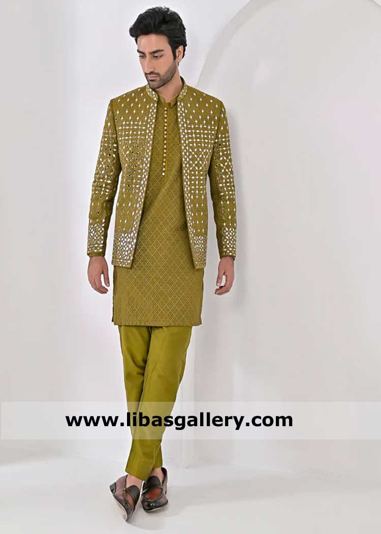 prince coat in Dhaani color for mehndi with mirror embroidery work, wedding prince coat light yellow green Cardiff Massachusetts Alberta Dubai