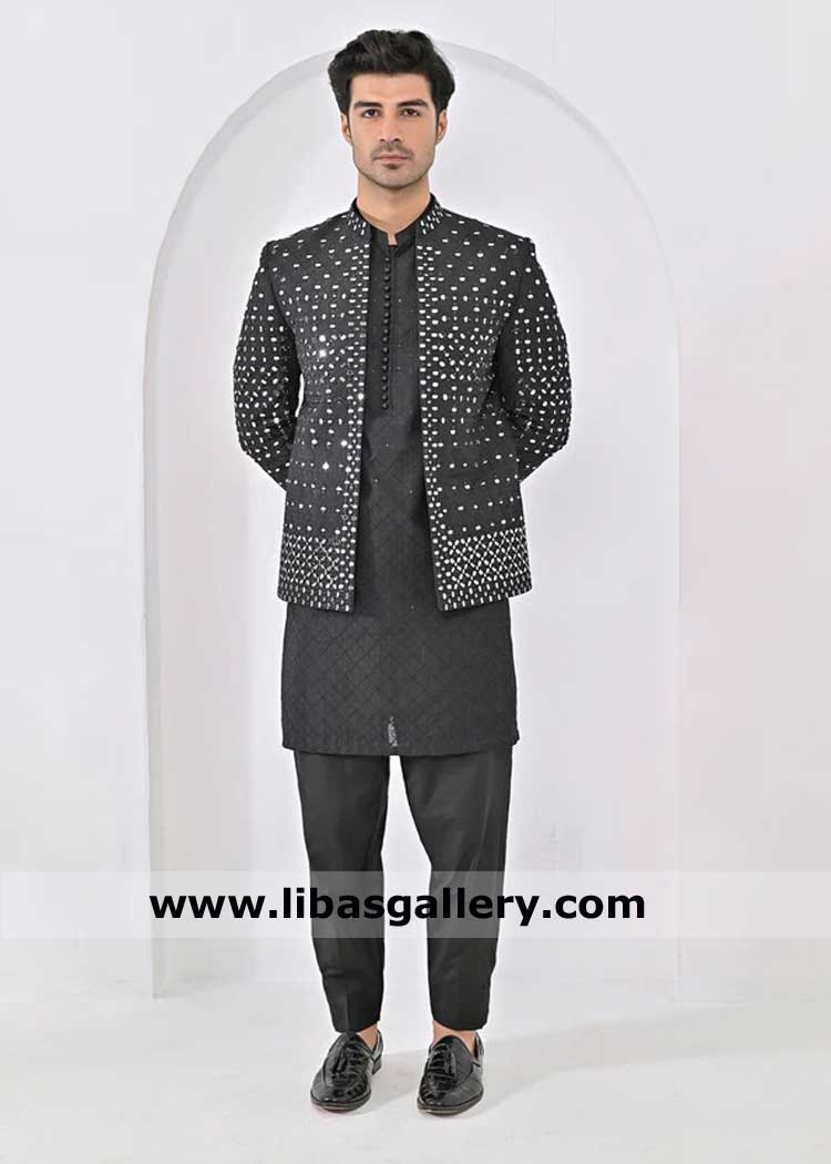 black mirror embroidered prince coat for wedding, Nikah prince coat with embroidered kurta pajama Plymouth Tennessee Dubai Oslo Mississauga