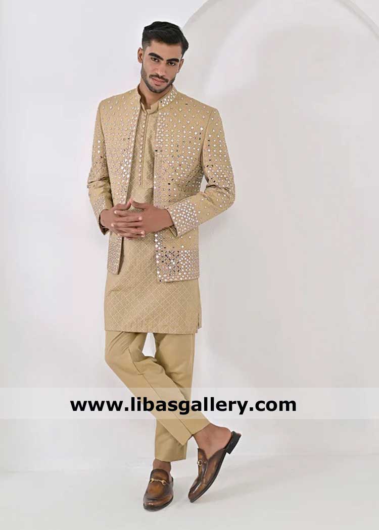 Premium prince coat matte gold mirror work embroidered for groom, Wedding sheesha work prince coat Germany France UK USA Canada Norway