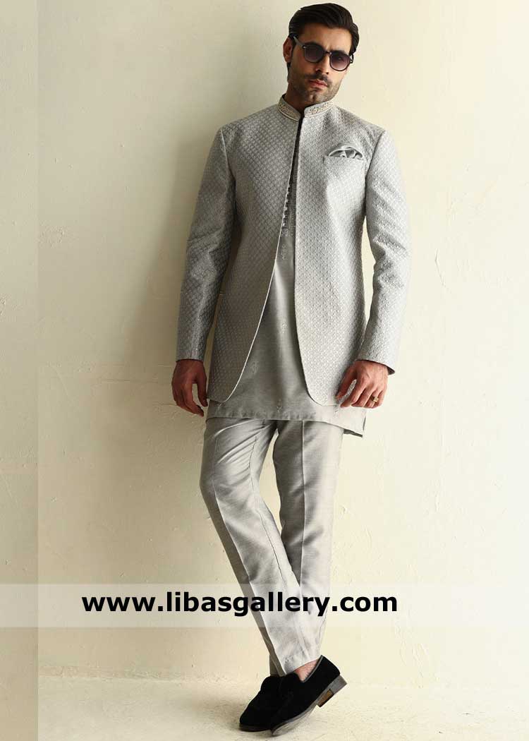 Embroidered raw silk Men wedding jacket, prince coat hand worked collar, artisanal work detailing Bradford Belfast Derby Plymouth UK