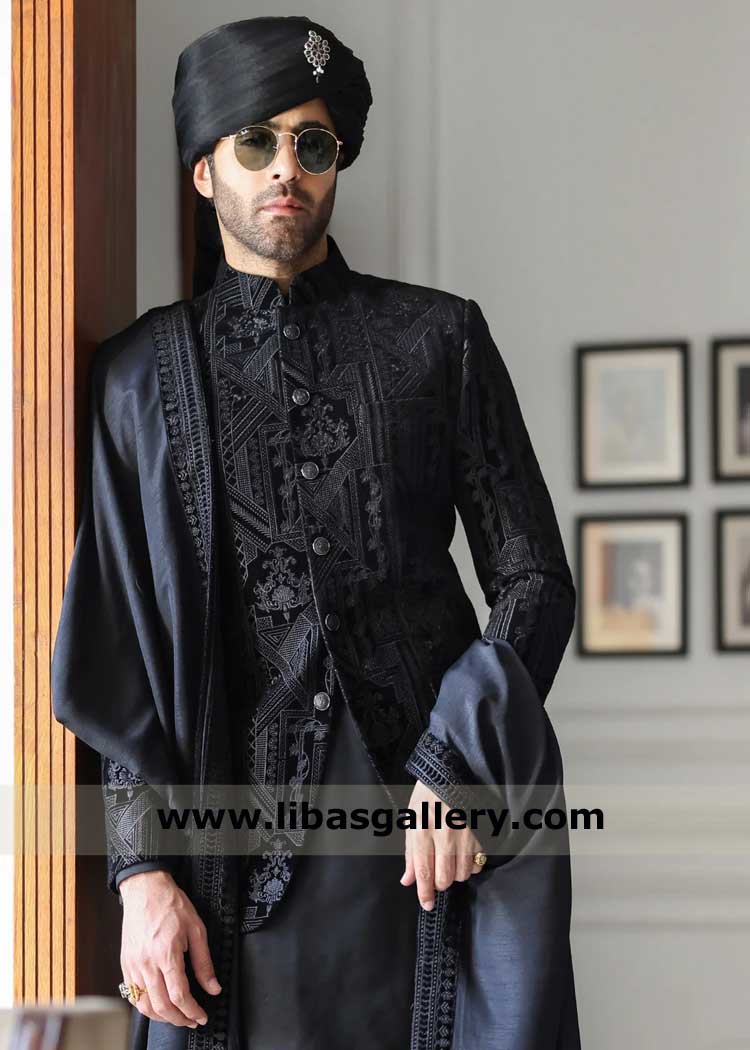 Jet black velvet prince coat with heavy embroidery for groom, Wedding black prince coat, Men black prince jacket embroidered UK USA Canada