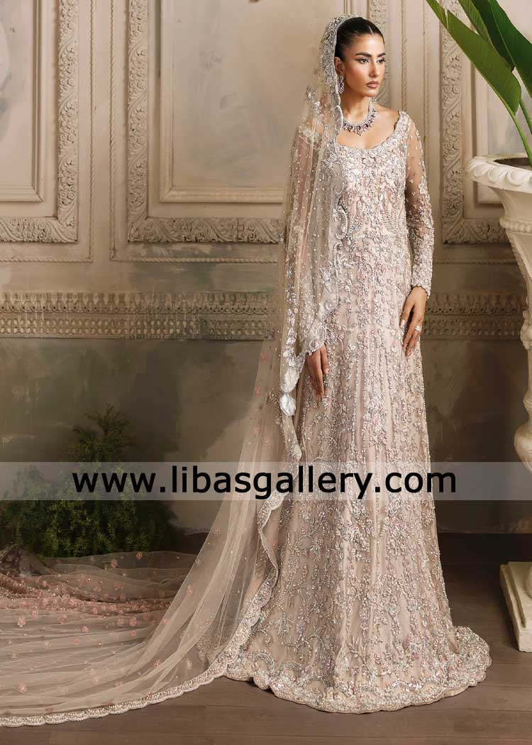 Peach Bridal Gown for Wedding adorned Resham dabka pearls crystal work with slight train Veil with small lace flowers UK USA Canada Dubai Australia Peach Bridal Gown for Wedding adorned Resham dabka pearls crystal work with slight train Veil with small lace flowers UK USA Canada Dubai Australia