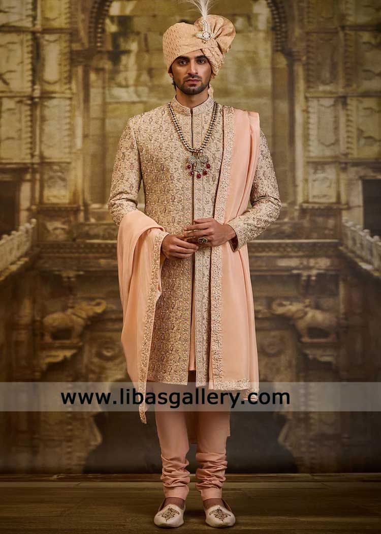 Peach dabka Hand Embellished Groom Sherwani with turban Shoes- Jamawar Men Nikah Wear Peach dabka Hand Embellished Groom Sherwani with turban Shoes- Jamawar Men Nikah Wear