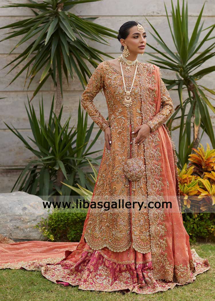 Pakistani Bridal Peshwas with Elegant Farshi Lehenga | Peach Bridal Peshwas with Farshi Lehenga hand embellished