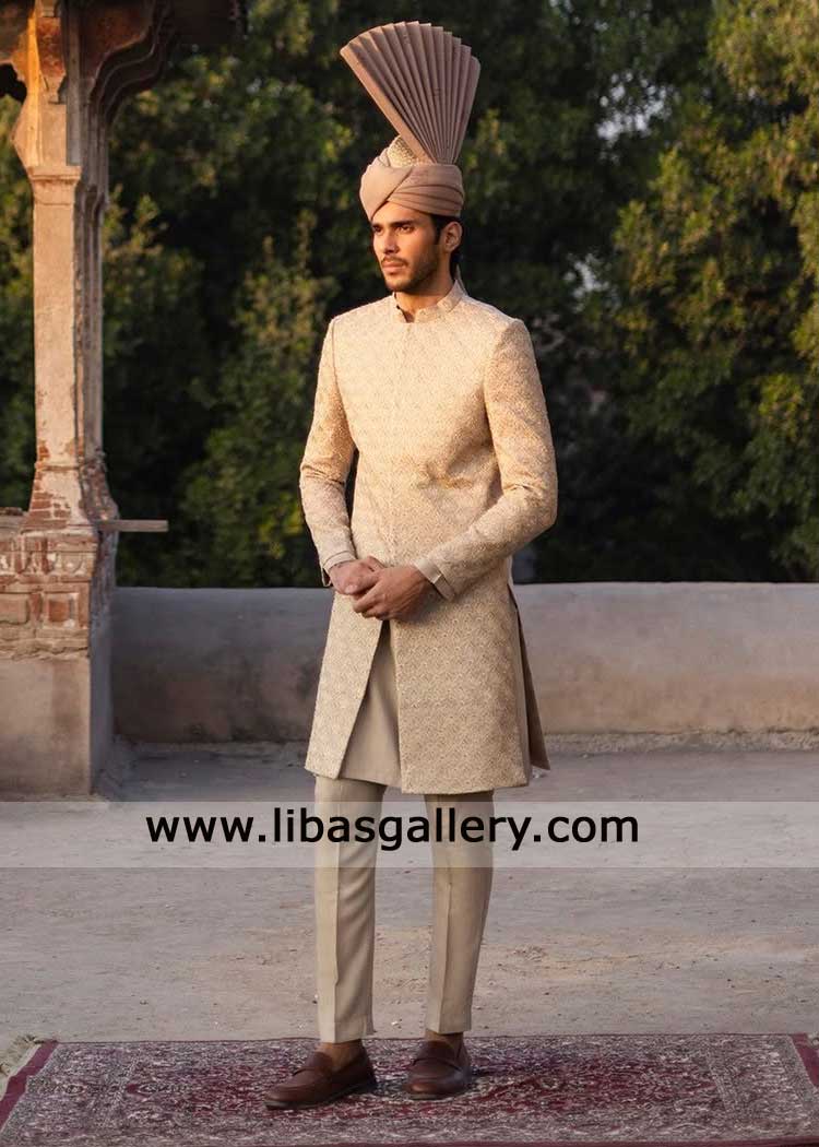 Beige Embellished Groom Nikah Sherwani with hand work- Nikah Sherwani with Turban and inner Florida USA Beige Embellished Groom Nikah Sherwani with hand work- Nikah Sherwani with Turban and inner Florida USA