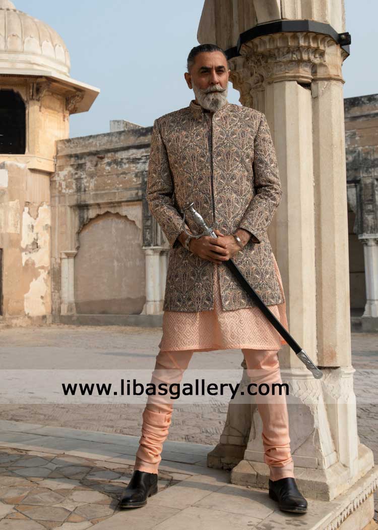 SHAH DASTKAR PEARL GOLD SHERWANI for old age groom nikah SHAH DASTKAR PEARL GOLD SHERWANI for old age groom nikah