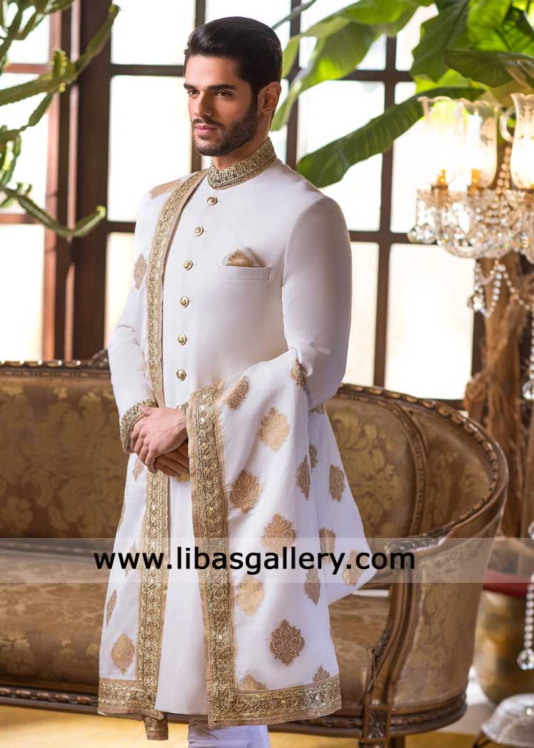 Luxury Pearl White Groom Sherwani with Matte Gold Embellishments-Suiting Fabric Wedding Sherwani Chicago USA Luxury Pearl White Groom Sherwani with Matte Gold Embellishments-Suiting Fabric Wedding Sherwani Chicago USA