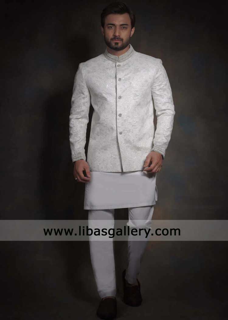 Hero Prince coat pearl white and silver for Groom Nikah | White jacket Hero Prince coat pearl white and silver for Groom Nikah | White jacket
