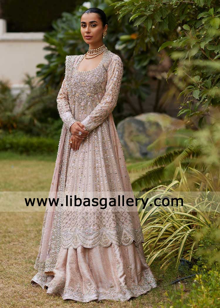 Pink Bridal Dress Shirt with Farshi Gharara and Bridal Dupatta gold and silver hand hand embellished by kora dabka Phoenix Toronto Perth Glasgow