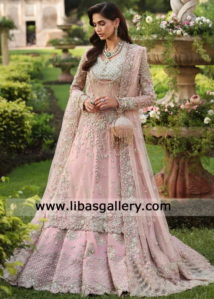 Pink bridal lehenga dress for walima with rich silver and gold hand embellishment paired with shirt and work dupatta UK USA Dubai Australia Pink bridal lehenga dress for walima with rich silver and gold hand embellishment paired with shirt and work dupatta UK USA Dubai Australia