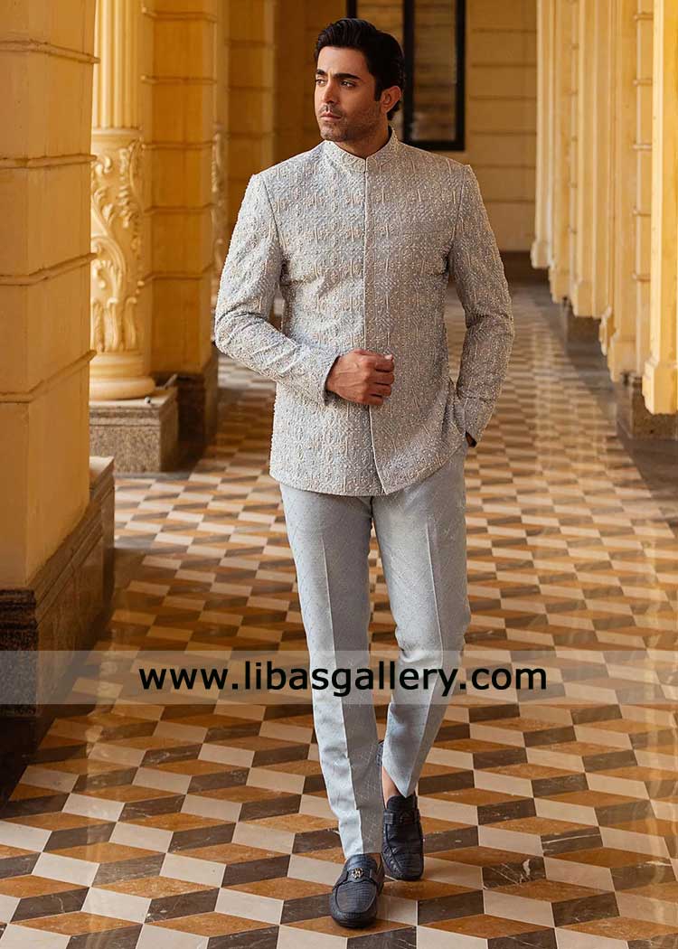 Groom Powder Blue Prince Coat-Hand-Embroidered Wedding Wear Groom Powder Blue Prince Coat-Hand-Embroidered Wedding Wear