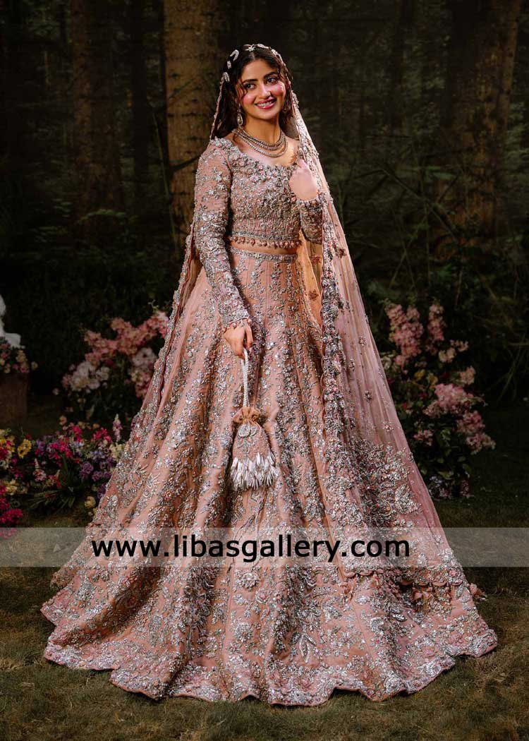 Shop powder peach luxury bridal lehenga choli dupatta set hand embellished-Indian Style lehenga Choli UK USA Canada