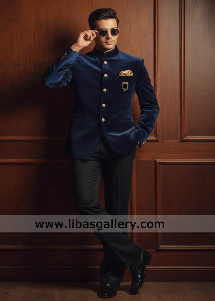 Premium Navy Blue Prince coat in Velvet with Black pants CA USA | Prince Coat