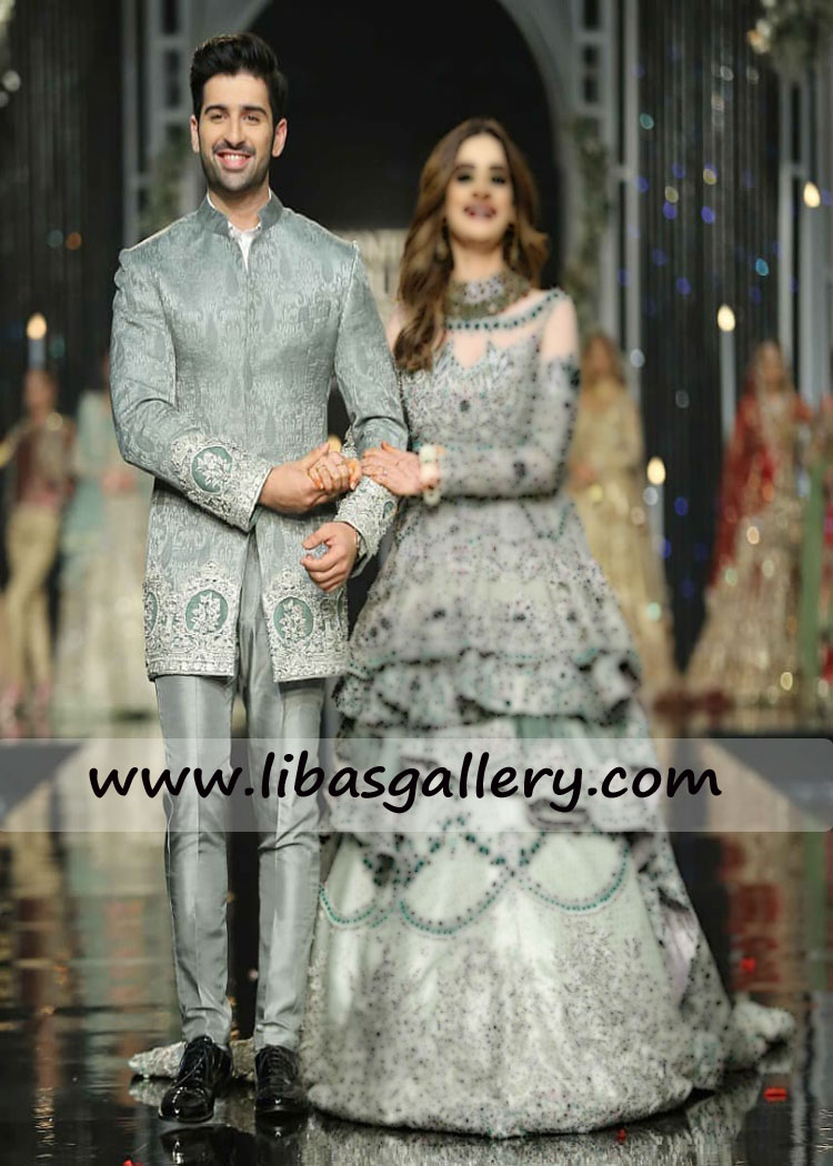 Gray Hand Embellished prince coat for groom dulha with same color pants silver work Baltimore Maryland USA