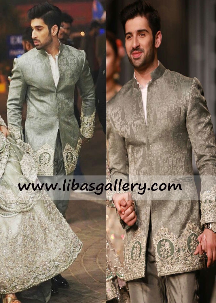 Gray Hand Embellished prince coat for groom dulha with same color pants