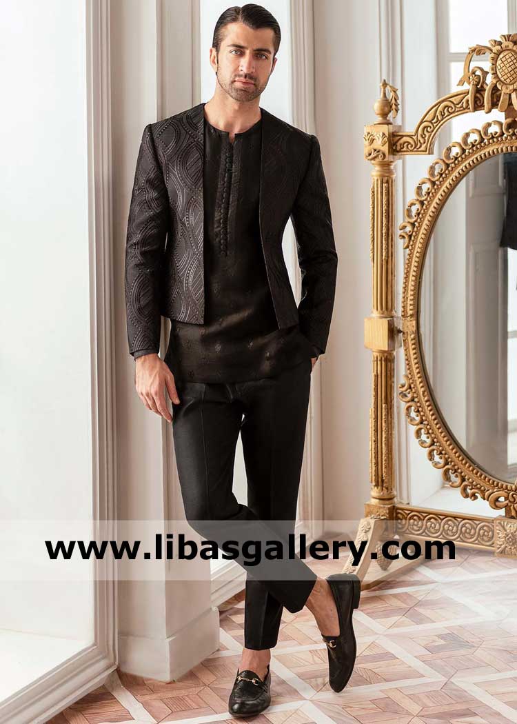 Monotone Thread Embroidery Men Prince suit design with pants for barat nikah and special occasion Australia New zealand Dubai