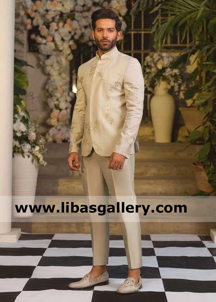 Men prince coat Sage Green for social and family event in karandi with monotone thread work and raw silk pants Buffalo Rochester Yonkers USA
